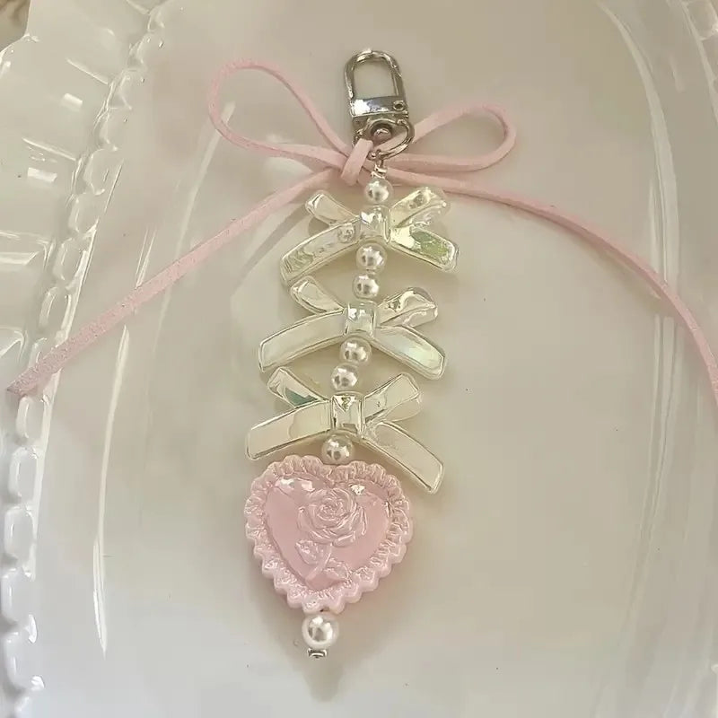 Fairy Kei Pastel Bow Pearl Rose Heart Bag Charm Keychain 02 Shoptery