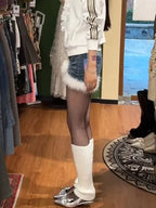 Gyaru Low-Rise Denim Mini Shorts with Fur Trim & Heart Charm Shoptery