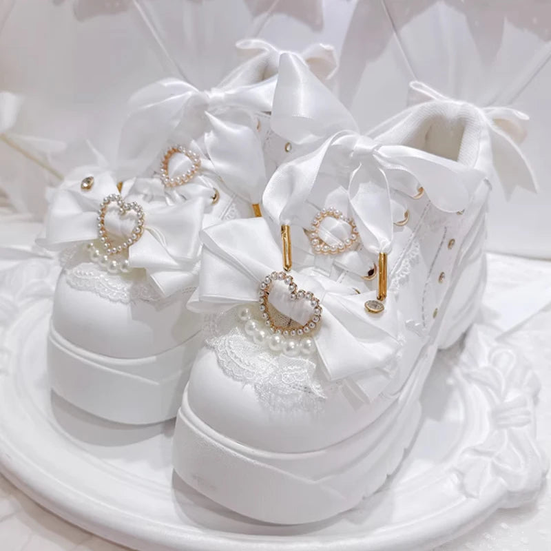 Jirai Kei Pearl Heart Bow Platform Sneakers in White Shoptery