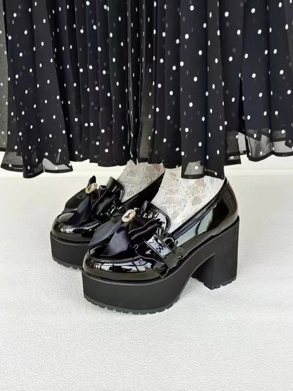 Jirai Kei Black Patent Platform Loafers with Satin Bow & Rhinestone Secondary image