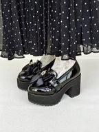 Jirai Kei Black Patent Platform Loafers with Satin Bow & Rhinestone Shoptery