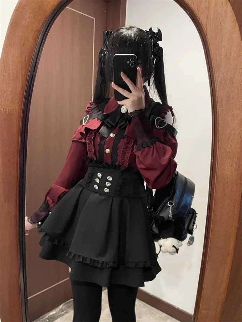 Jirai Kei Red Ruffle Blouse & Black Pleated Skirt Gothic Set Shoptery