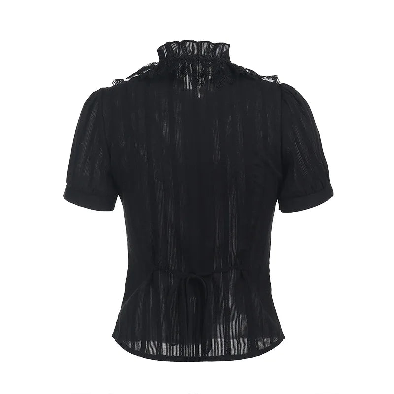 Jirai Kei Black Lace Ruffle Blouse with Bat Cross Necklace Shoptery