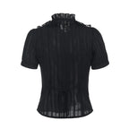 Jirai Kei Black Lace Ruffle Blouse with Bat Cross Necklace Shoptery