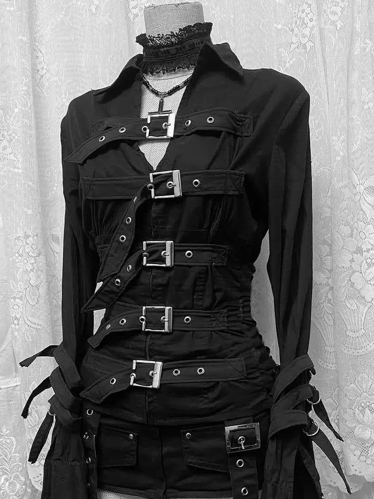 Visual Kei Black Multi-Buckle Strap Lace Collar Long Sleeve Shirt Shoptery