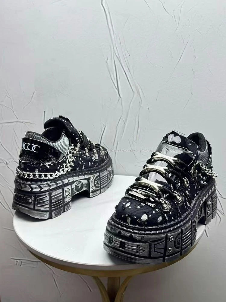 Visual Kei Studded Chain Platform Chunky Sneakers black Shoptery