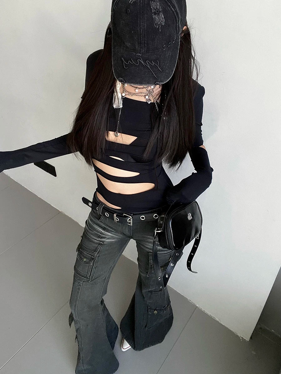 Visual Kei Cutout Crop Top & Flare Cargo Jeans Set with Studded Belt Shoptery