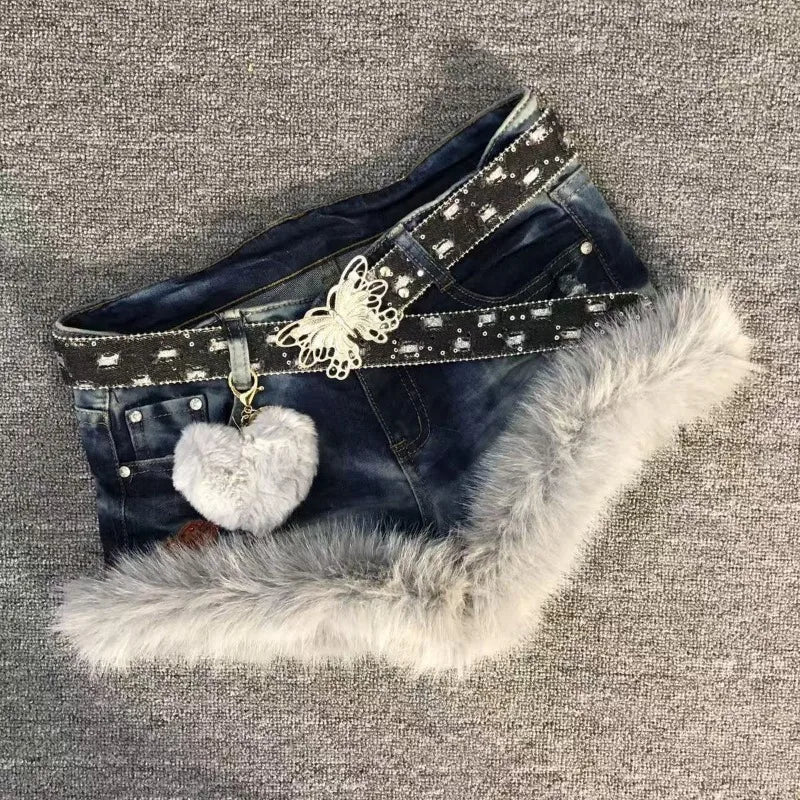 Gyaru Acid Wash Denim Micro Shorts with Faux Fur Trim & Heart Charm Secondary image
