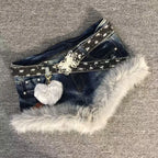 Gyaru Acid Wash Denim Micro Shorts with Faux Fur Trim & Heart Charm Shoptery