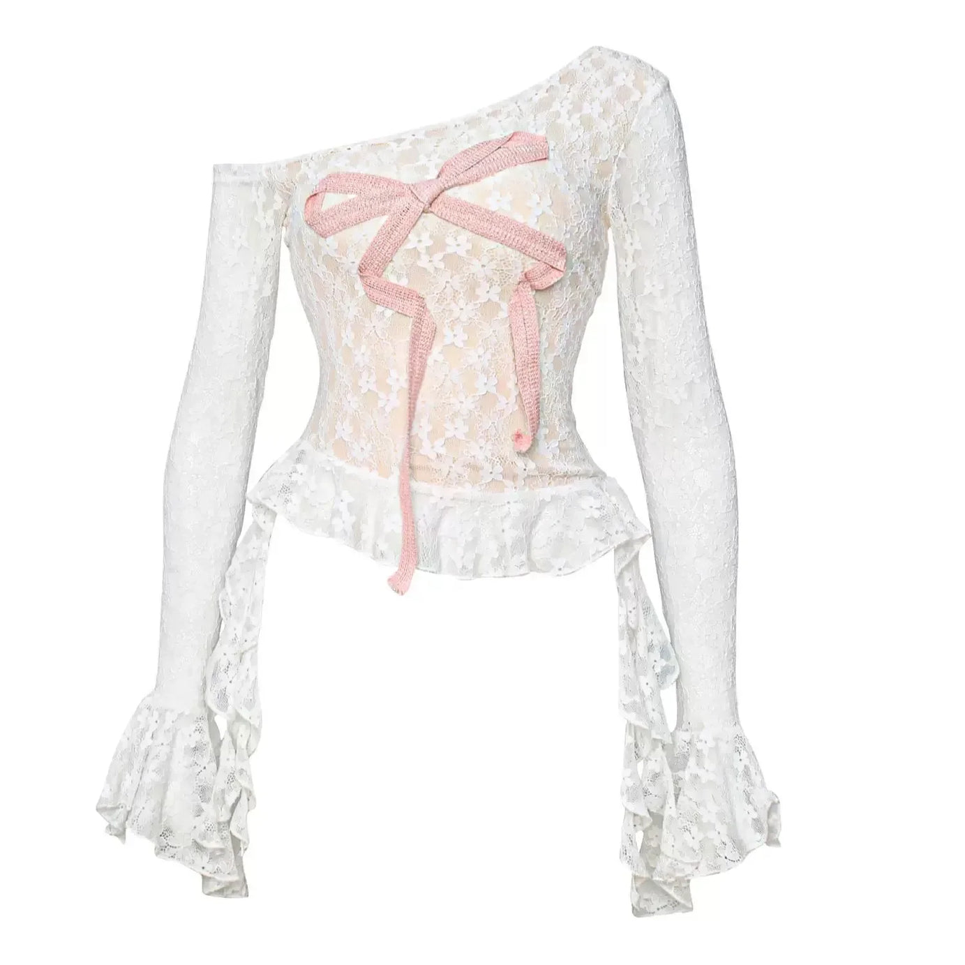 Rosette Lace Drama Long Sleeve Top WHITE Shoptery