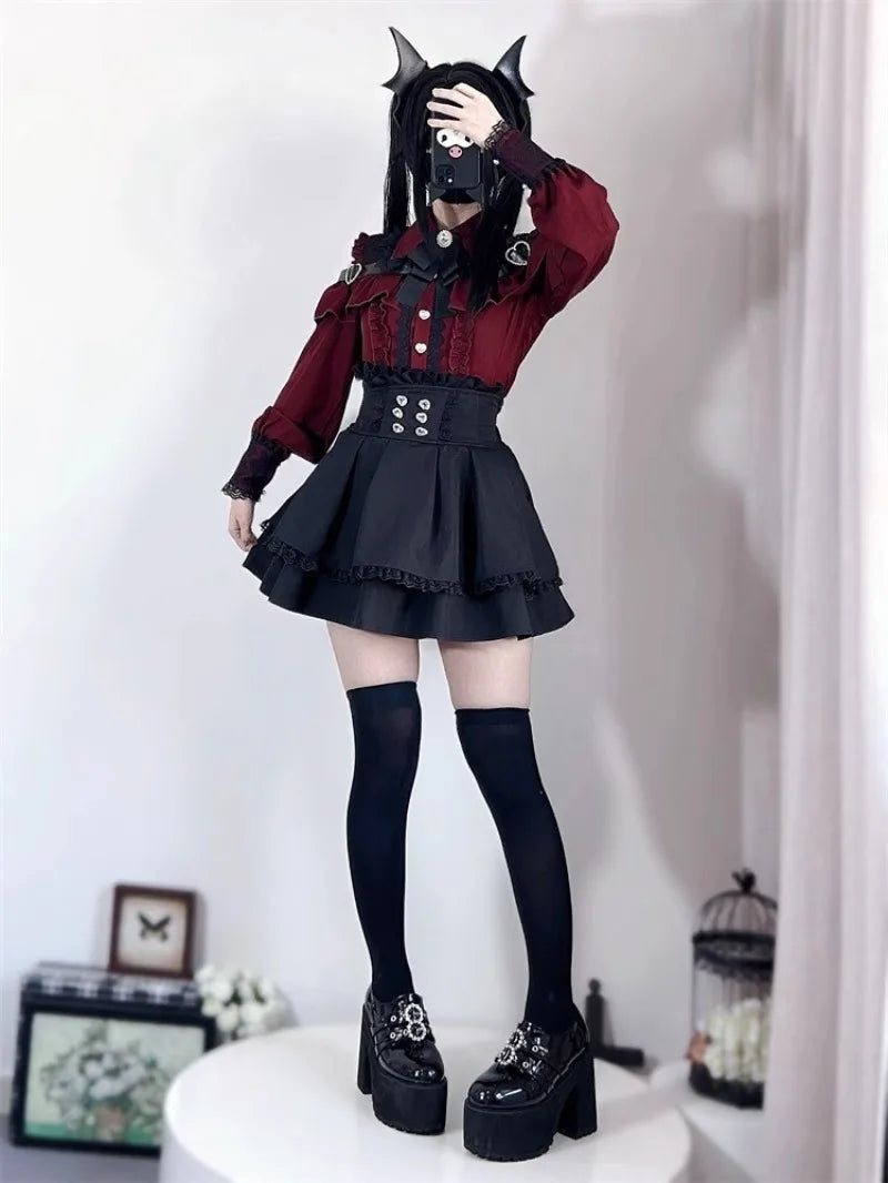 Jirai Kei Red Ruffle Blouse & Black Pleated Skirt Gothic Set Shoptery