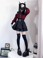 Jirai Kei Red Ruffle Blouse & Black Pleated Skirt Gothic Set Shoptery