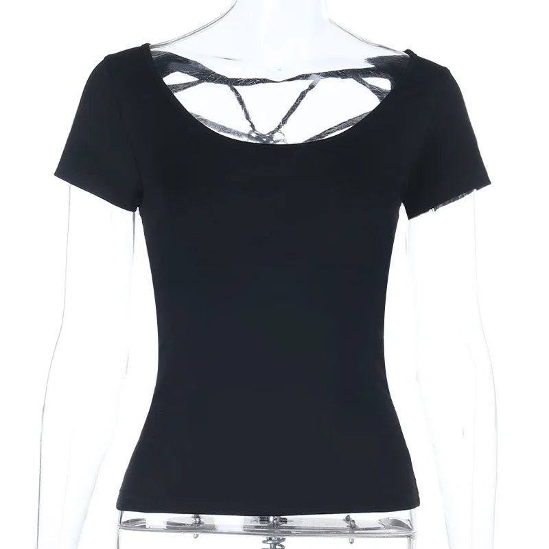 Visual Kei Slashed Fishbone Ring & Safety Pin Cutout Black Tee Shoptery