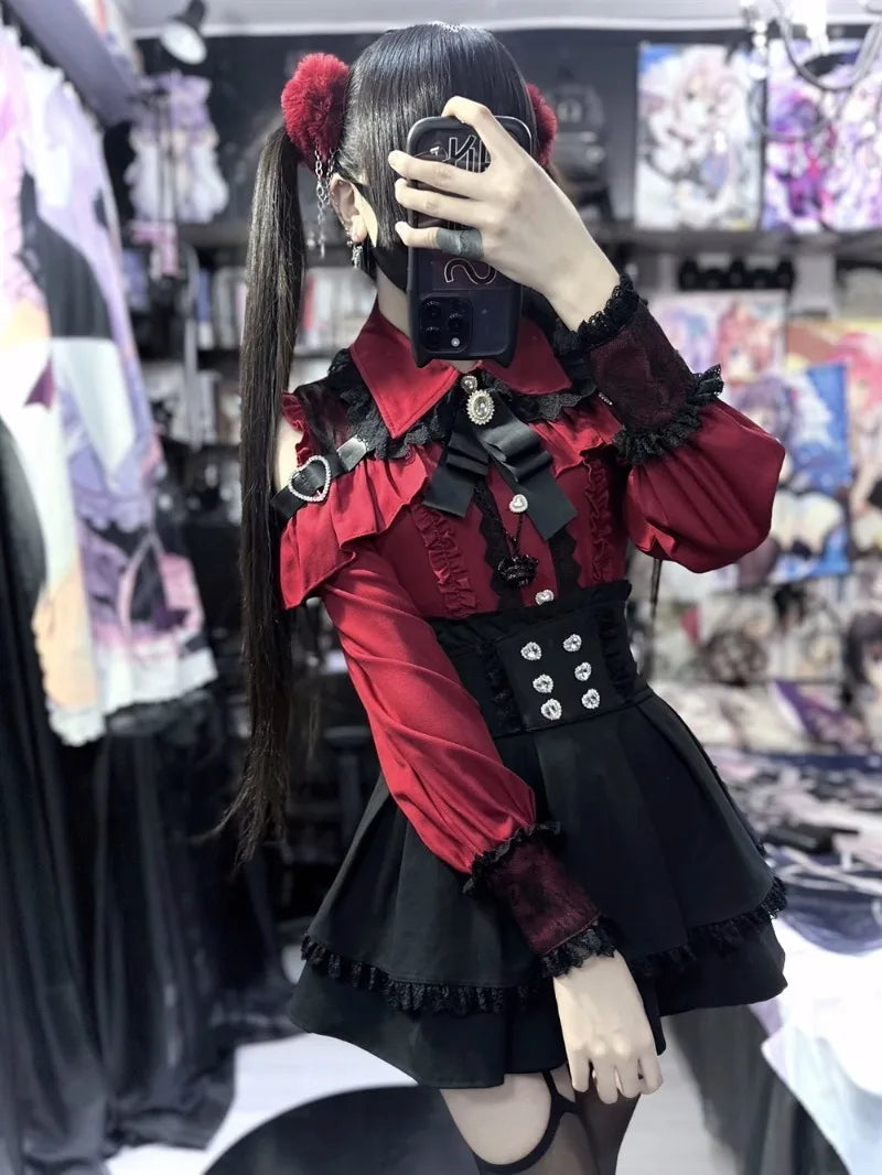 Jirai Kei Red Ruffle Blouse & Black Pleated Skirt Gothic Set Shoptery