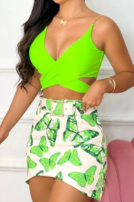 Women's Sleeveless Hollow Chain Vest and Printed Buttocks Skirt Set