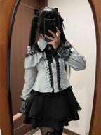 Jirai Kei Cold-Shoulder Ruffle Blouse & Lace Tiered Skirt Set Blue shirt only Shoptery