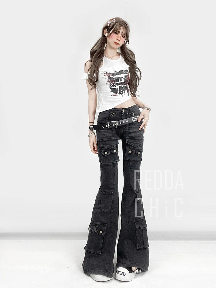 Visual Kei Studded Belt Cargo Flare Jeans in Washed Black Shoptery