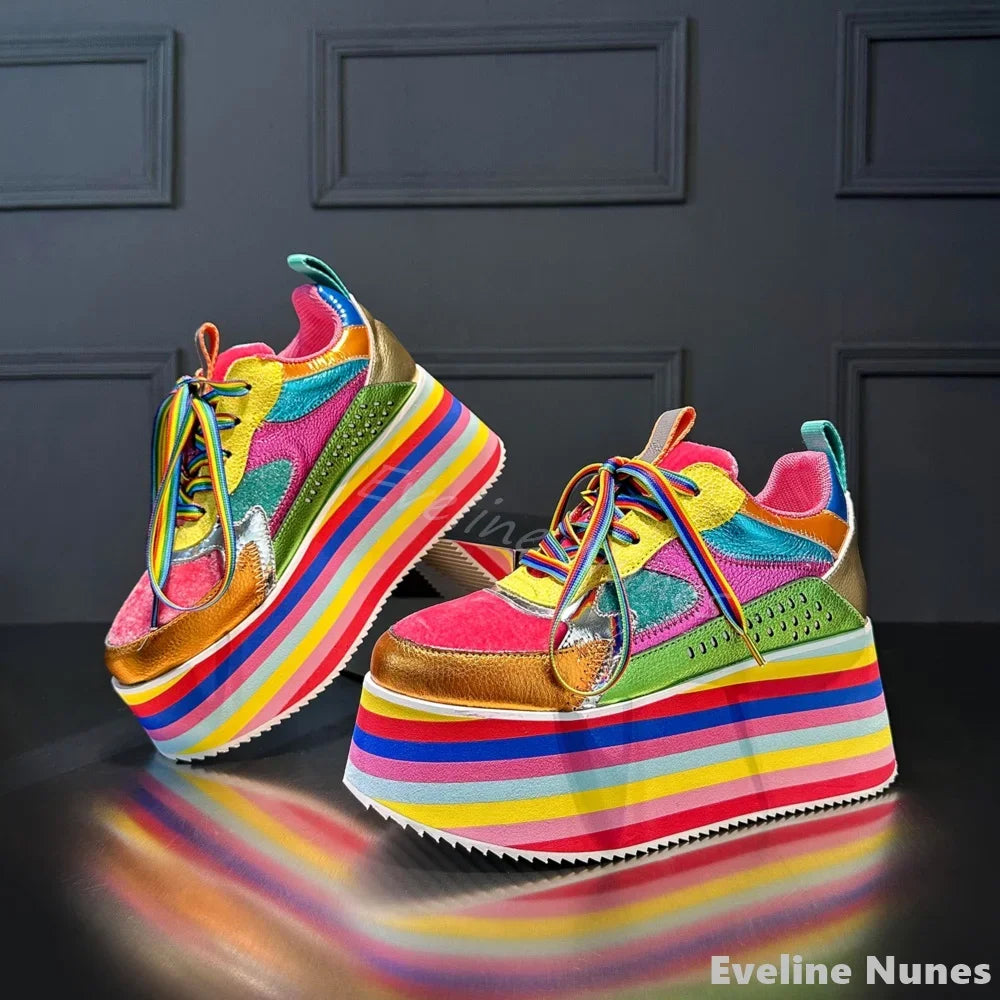 Decora Rainbow Patchwork Platform Sneakers with Striped Sole Shoptery
