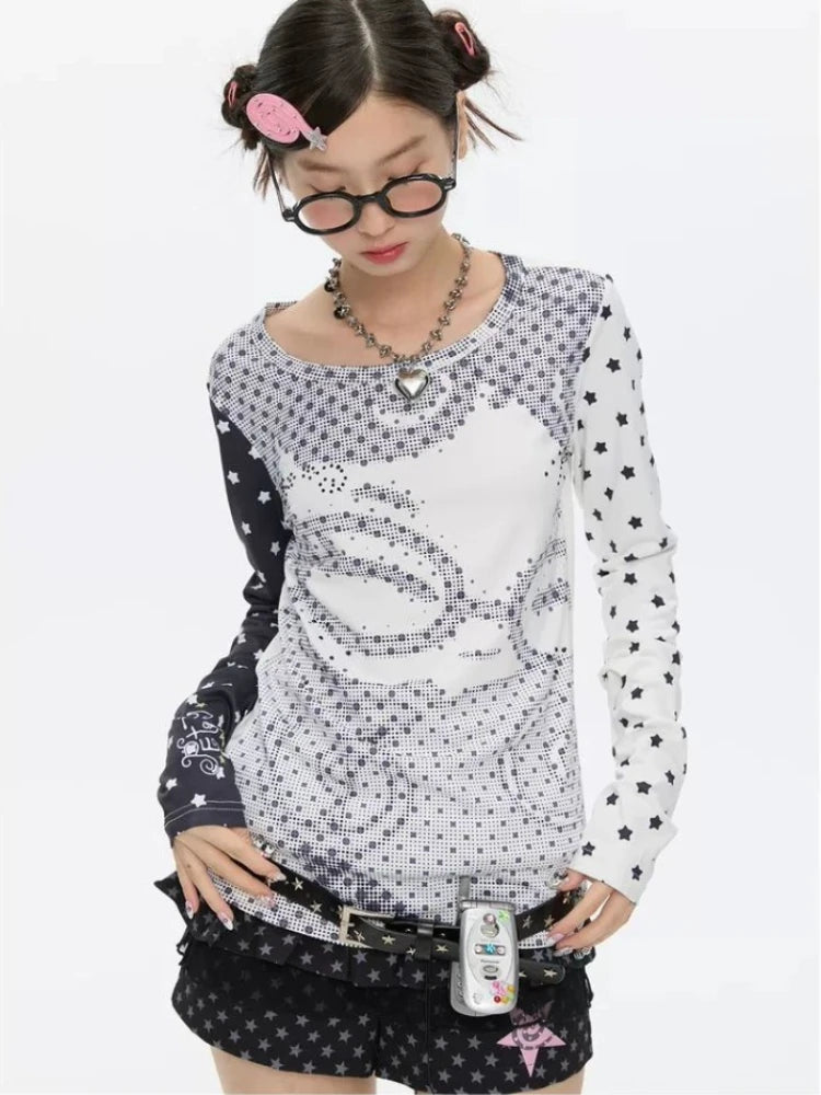 Jirai Kei Star Print Cat Graphic Layered Long Sleeve Top Secondary image
