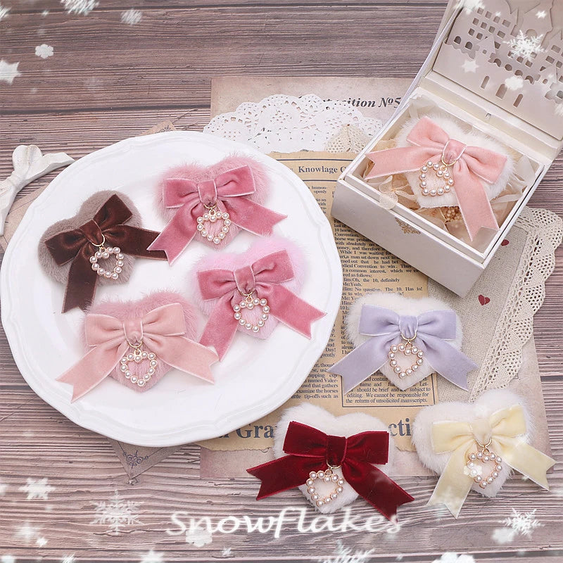 Jirai Kei Fluffy Heart Velvet Bow Pearl Charm Hair Clip Secondary image