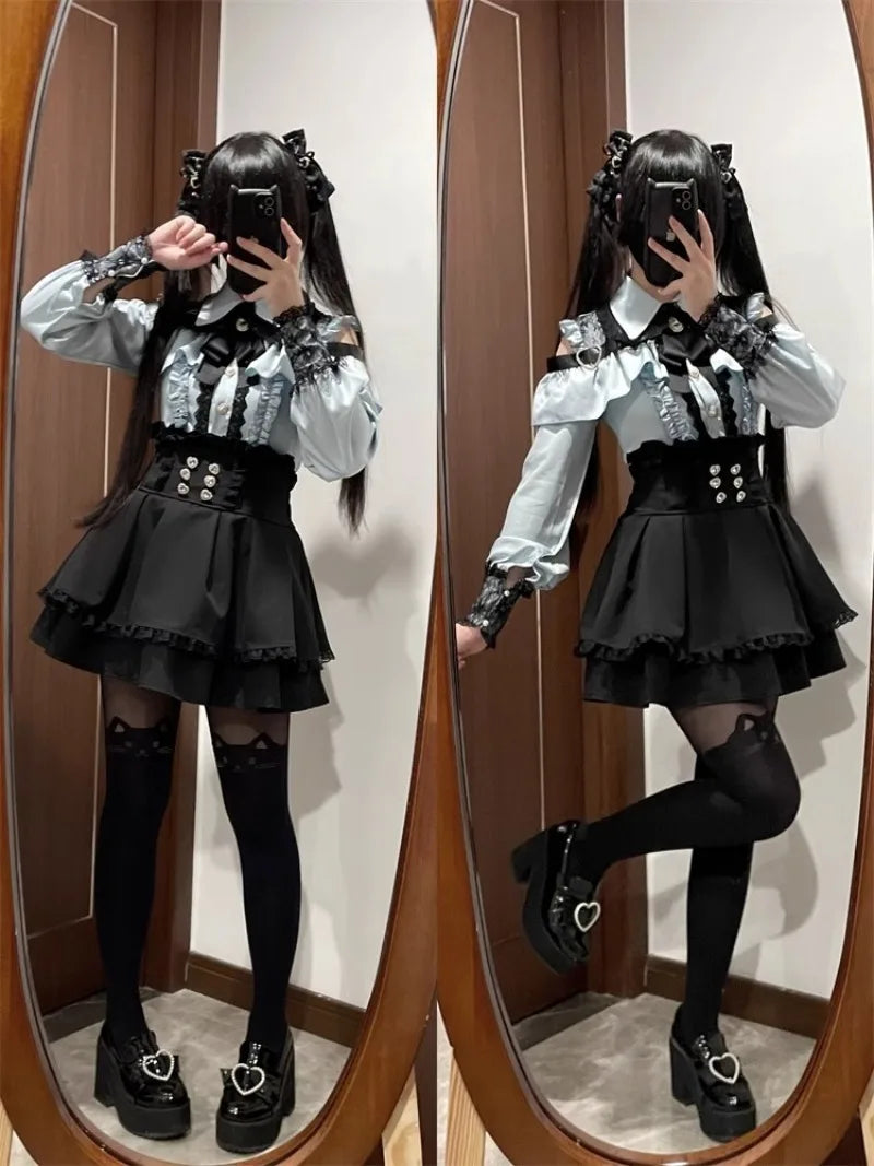 Jirai Kei Red Ruffle Blouse & Black Pleated Skirt Gothic Set Shoptery