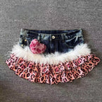 Gyaru Leopard Faux Fur Ruffle Denim Mini Skirt with Pom Charm Shoptery