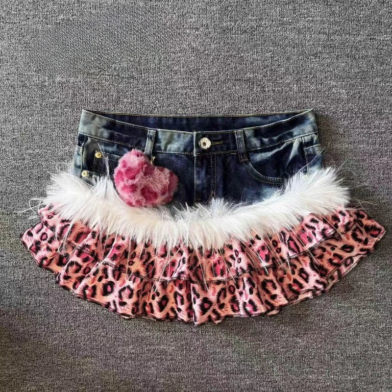 Gyaru Leopard Faux Fur Ruffle Denim Mini Skirt with Pom Charm Shoptery