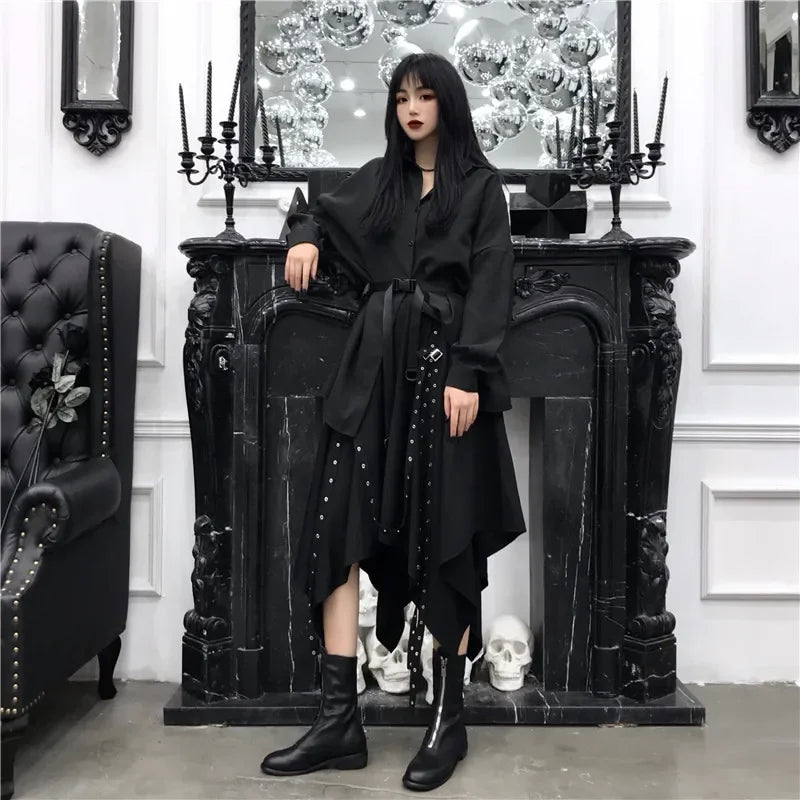 Visual Kei Black Rose Asymmetric Shirt Dress with Studded Belt Shoptery