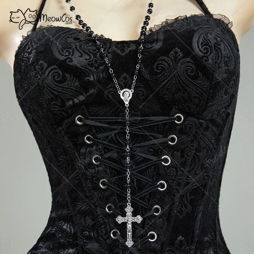 Visual Kei Black Brocade Lace-Up Corset Mini Dress with Cross Chains Shoptery