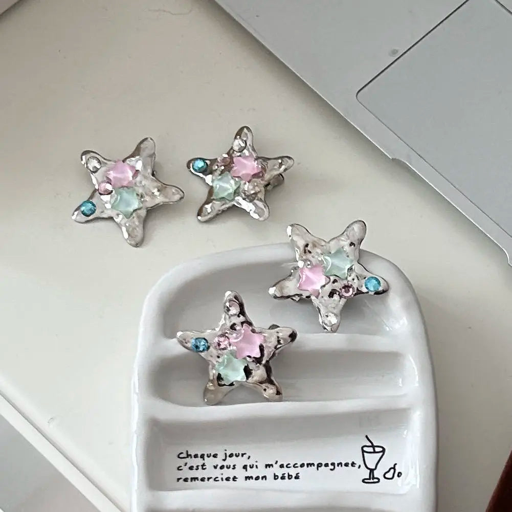 Decora Iridescent Crystal Star Hair Clip Set Silver 4Pcs Shoptery