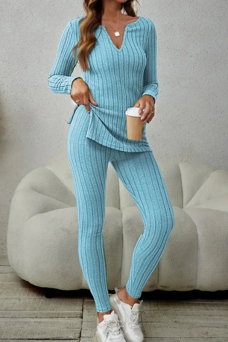 New V Neck Long Sleeve Side Slit Ribbed Top and Pants Sets