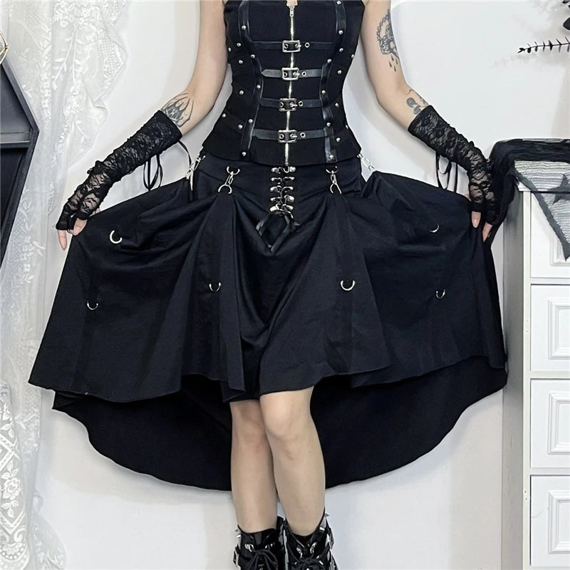 Visual Kei Black Lace Bustier & Layered Ruffle High-Low Skirt Set Shoptery