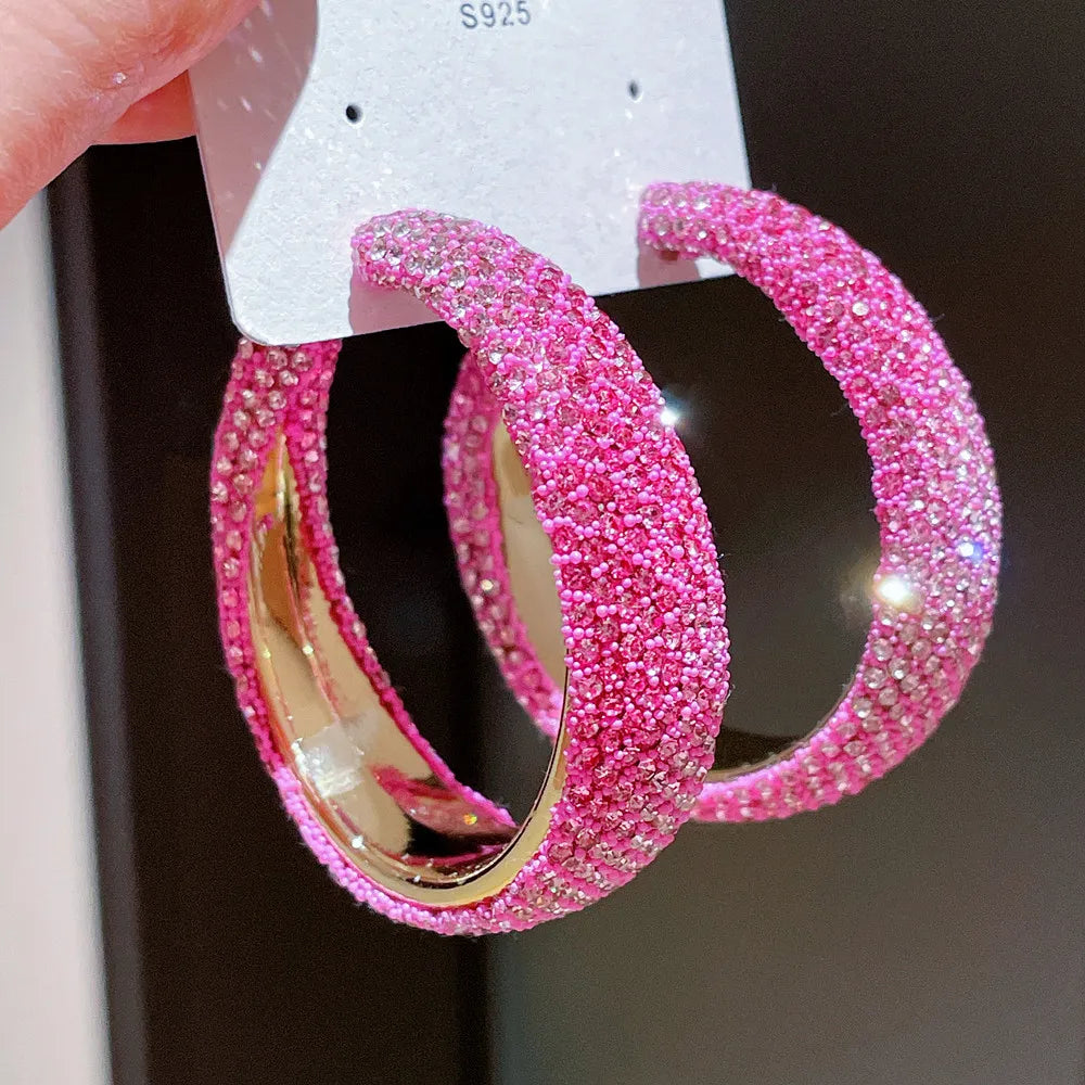 Gyaru Pavé Crystal Statement Hoop Earrings in Hot Pink Pink Shoptery