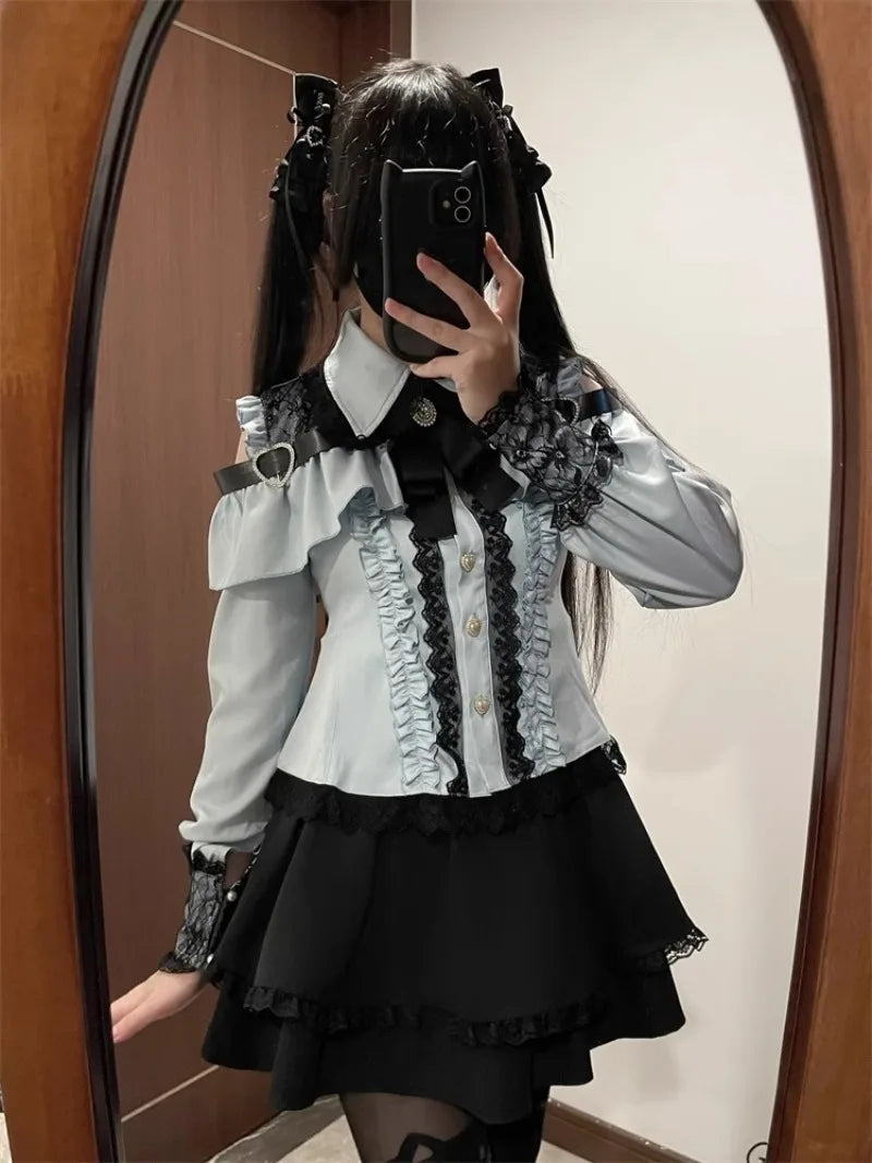 Jirai Kei Red Ruffle Blouse & Black Pleated Skirt Gothic Set Shoptery