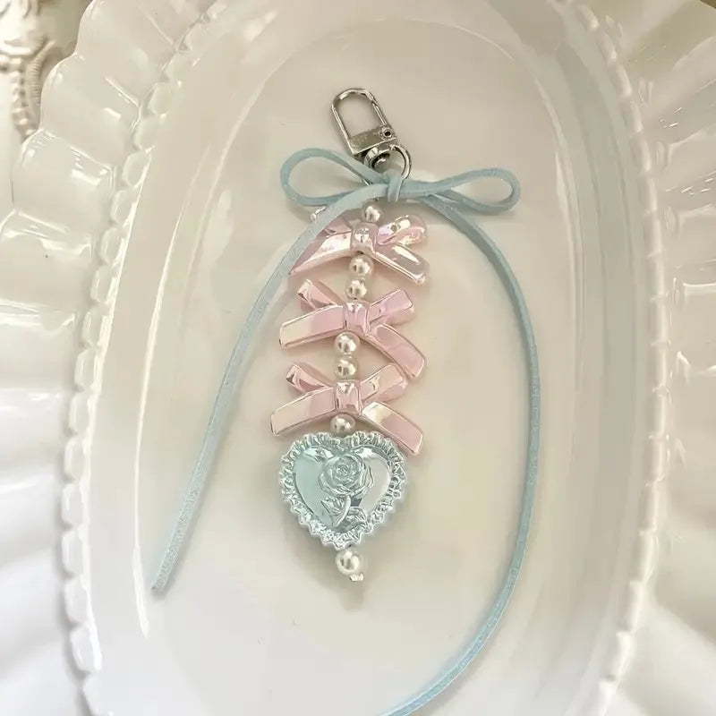 Fairy Kei Pastel Bow Pearl Rose Heart Bag Charm Keychain 03 Shoptery