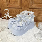 Jirai Kei White Patent Bow Platform Mary Jane Shoes with Lace Socks SKY BLUE Shoptery