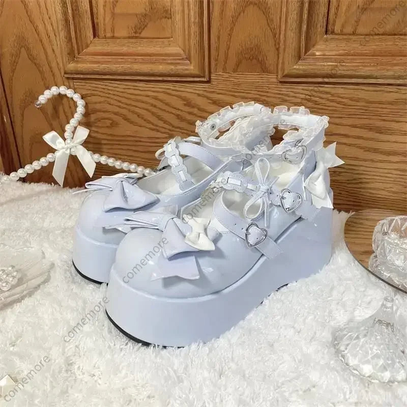 Jirai Kei White Patent Bow Platform Mary Jane Shoes with Lace Socks SKY BLUE Shoptery