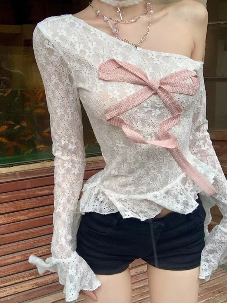 Rosette Lace Drama Long Sleeve Top Shoptery