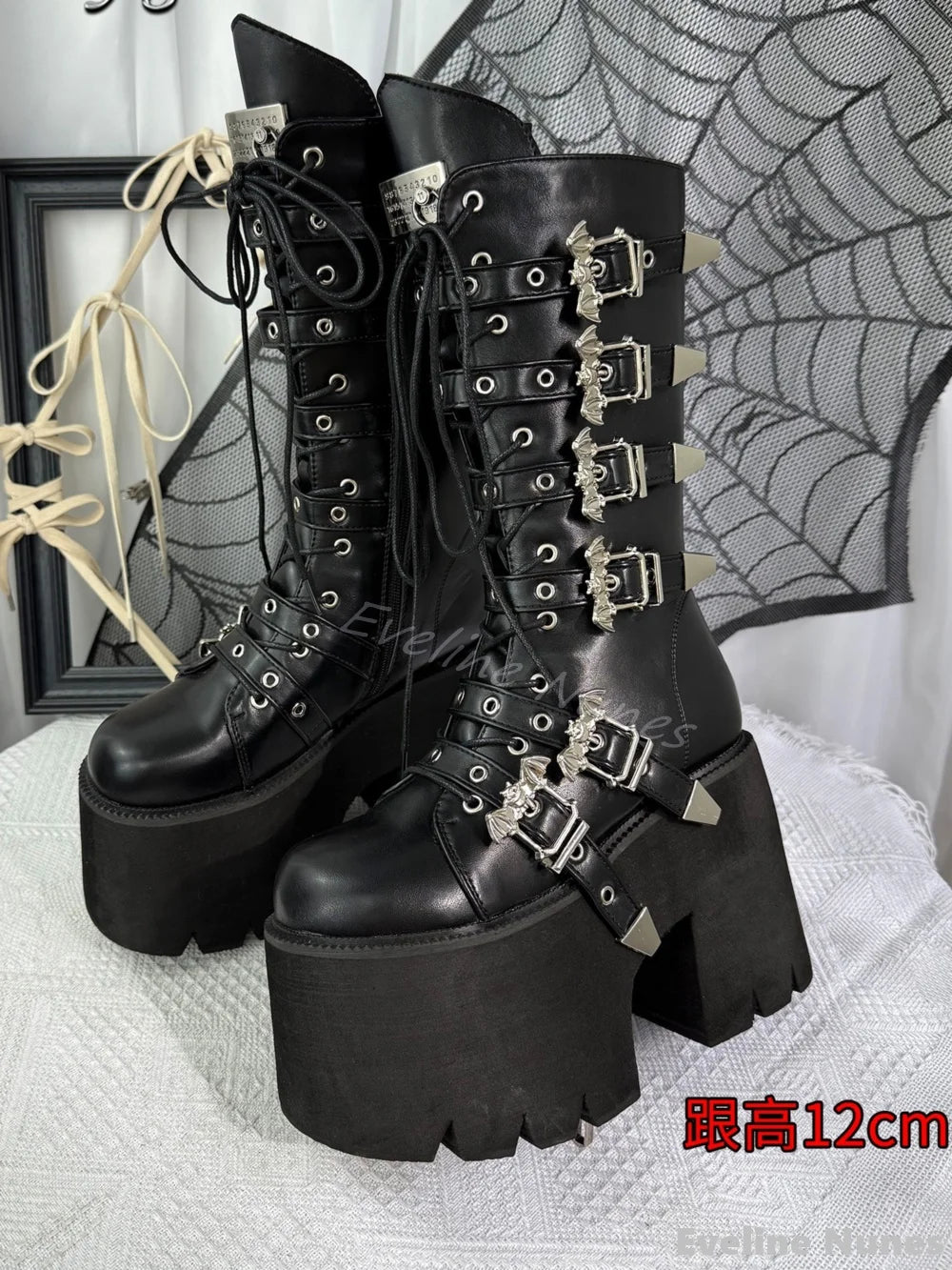 Visual Kei Black Platform Lace-Up Boots with Bat Buckle Straps Shoptery