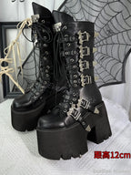 Visual Kei Black Platform Lace-Up Boots with Bat Buckle Straps Shoptery