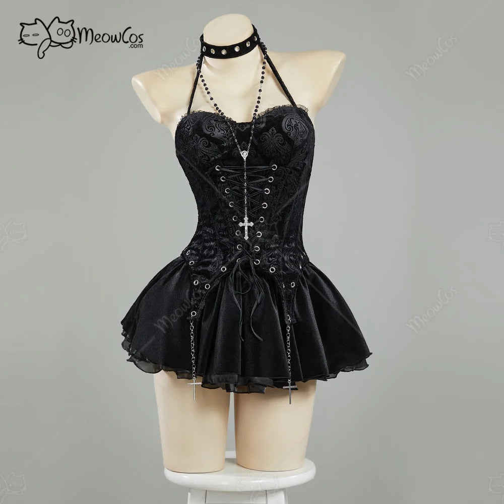 Visual Kei Black Brocade Lace-Up Corset Mini Dress with Cross Chains Shoptery