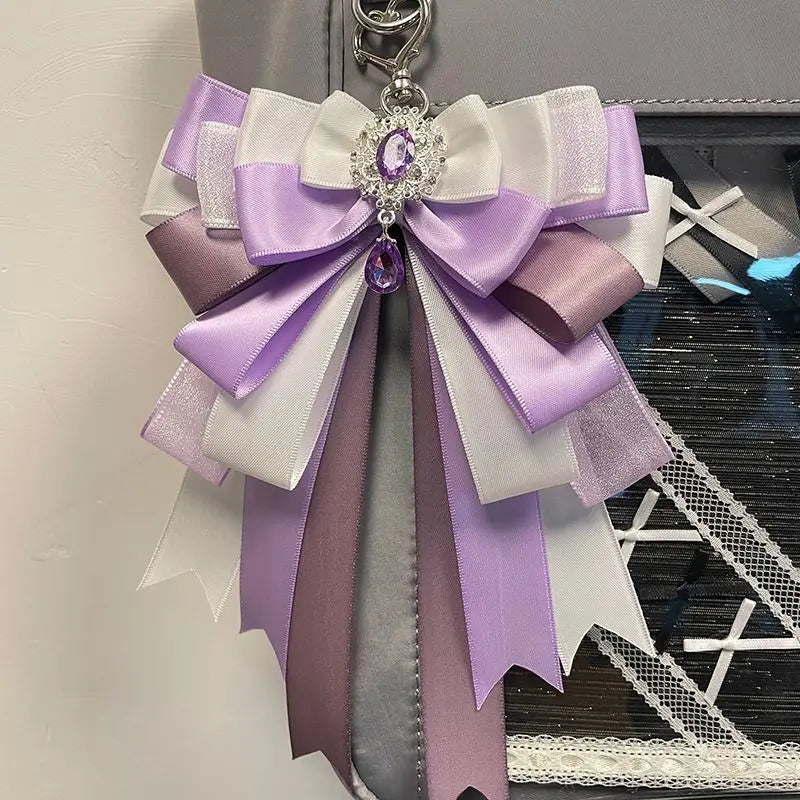 Fairy Kei Layered Satin Bow Charm Pendant with Crystal Jewel Purple Shoptery