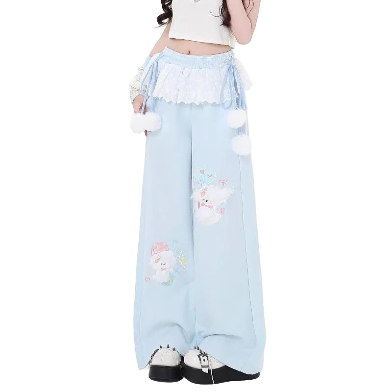 Fairy Kei Bunny Pom-Pom Lace Waist Wide-Leg Sweatpants Set Blue Shoptery
