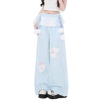 Fairy Kei Bunny Pom-Pom Lace Waist Wide-Leg Sweatpants Set Blue Shoptery