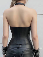 Visual Kei Faux Leather Spiked Halter Corset Top with Harness Set Shoptery