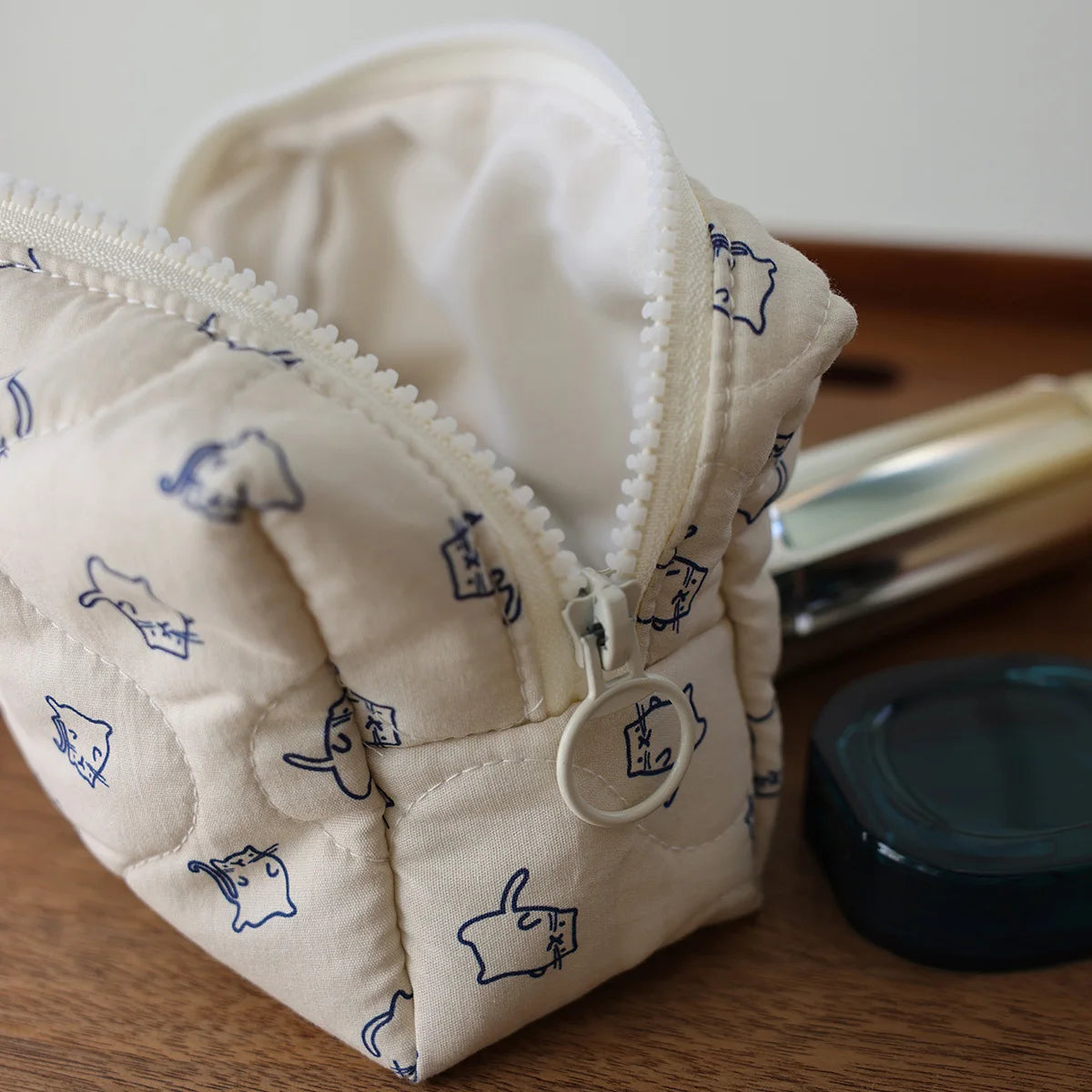 Meow Mood Quilted Aesthetic Makeup Bag Shoptery