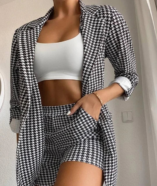 Women's Qianniao Grid Suit Jacket Shorts Set