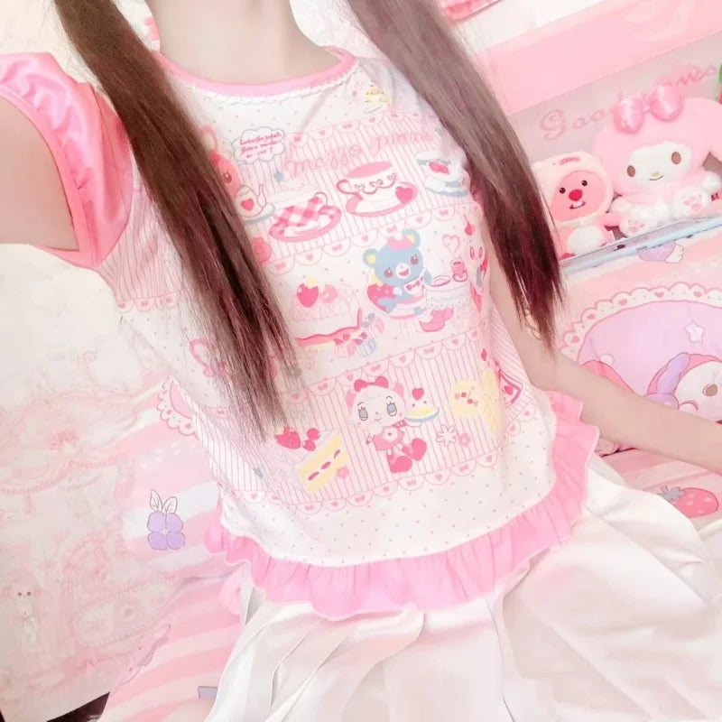 Fairy Kei Mezzo Piano Tea Party Graphic Ruffle Cotton Top Shoptery