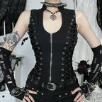Visual Kei Black Lace-Up Corset Vest with Arm Warmers Set Shoptery