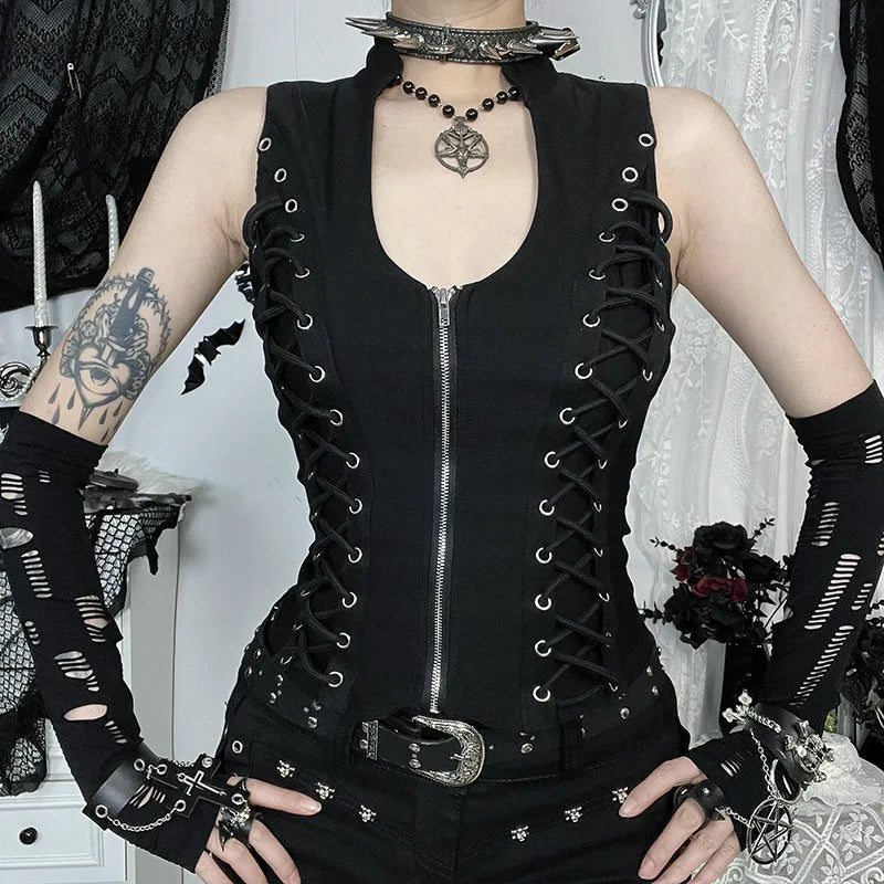 Visual Kei Black Lace-Up Corset Vest with Arm Warmers Set Shoptery